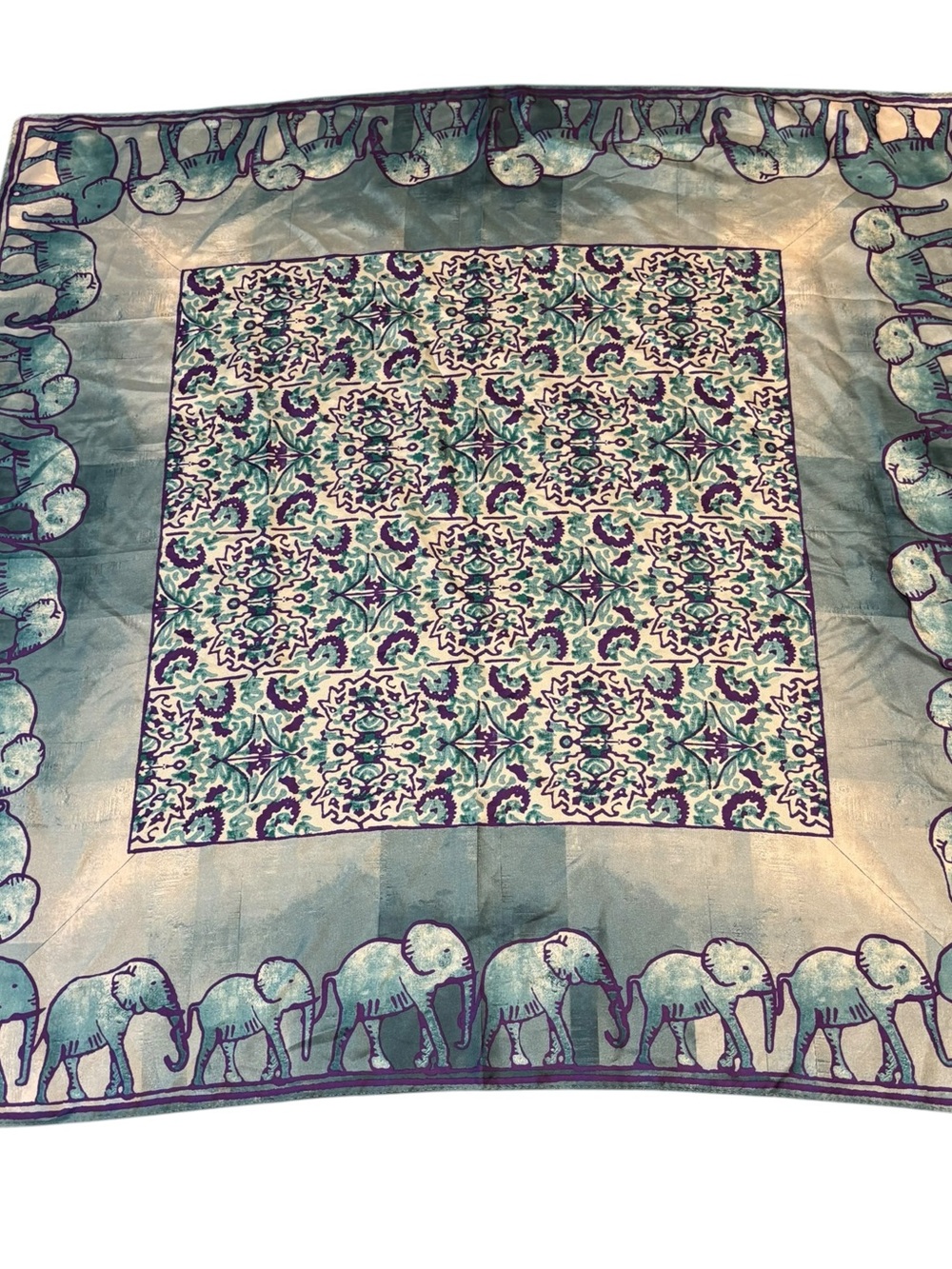 Talbots 100% Silk Scarf Elephant Border Blue Turquoise Purple 32" x 32".